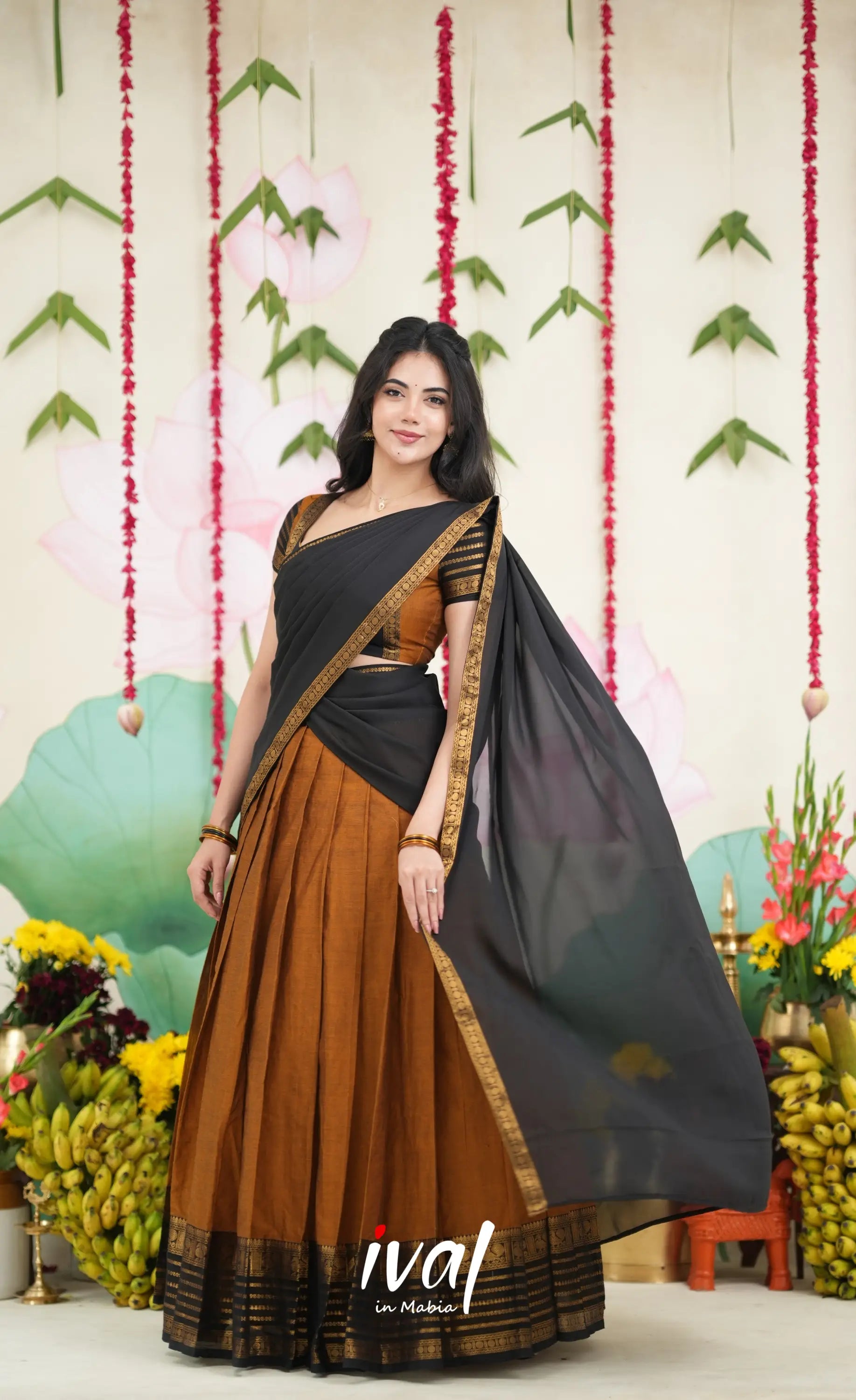 Padmaja Cotton Half Saree - Dark Mustardish Brown and Black Half Sarees