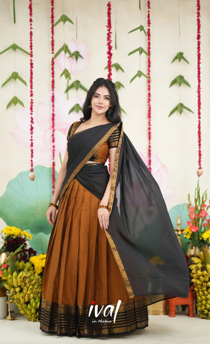 Padmaja Cotton Half Saree - Dark Mustardish Brown and Black Half Sarees
