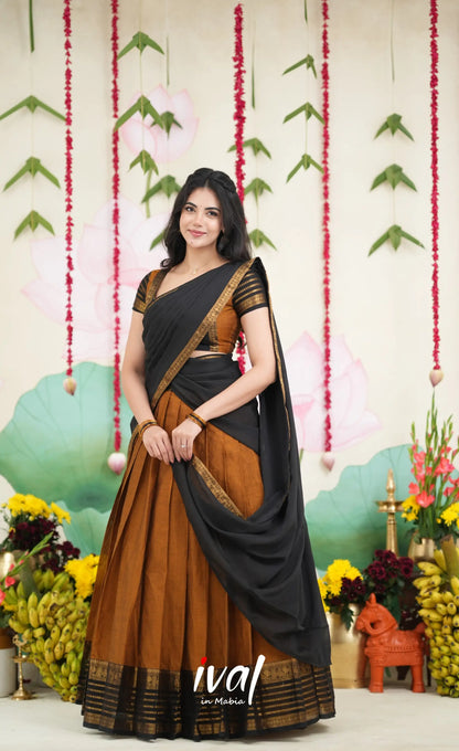 Padmaja Cotton Half Saree - Dark Mustardish Brown and Black Half Sarees
