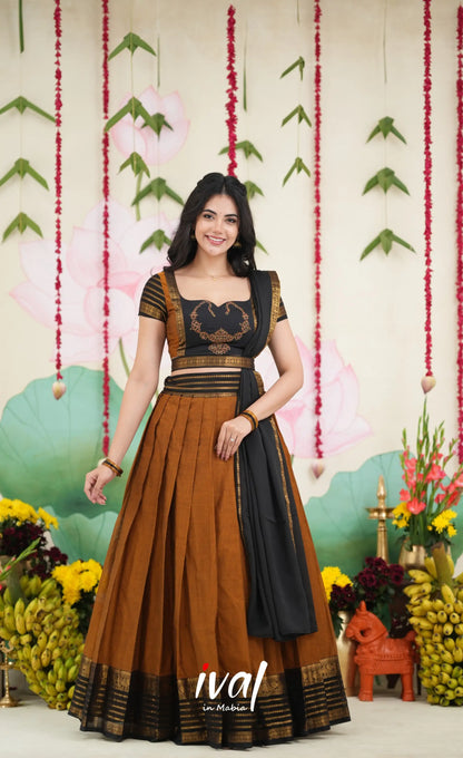 Padmaja Cotton Half Saree - Dark Mustardish Brown and Black Half Sarees