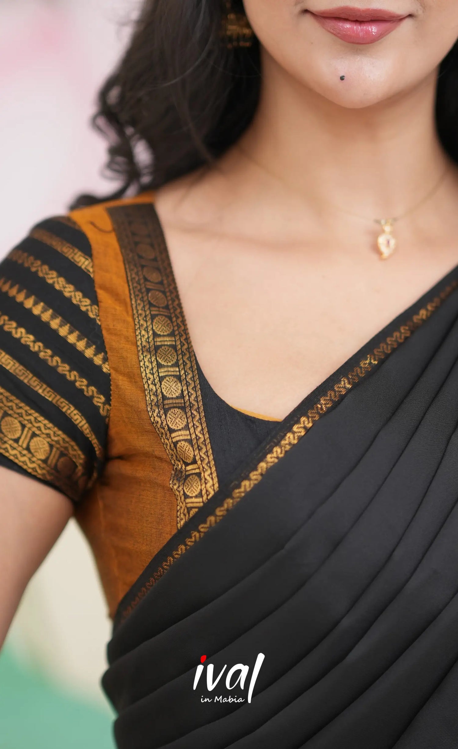 Padmaja Cotton Half Saree - Dark Mustardish Brown and Black Half Sarees
