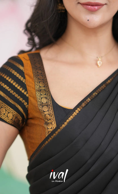Padmaja Cotton Half Saree - Dark Mustardish Brown and Black Half Sarees