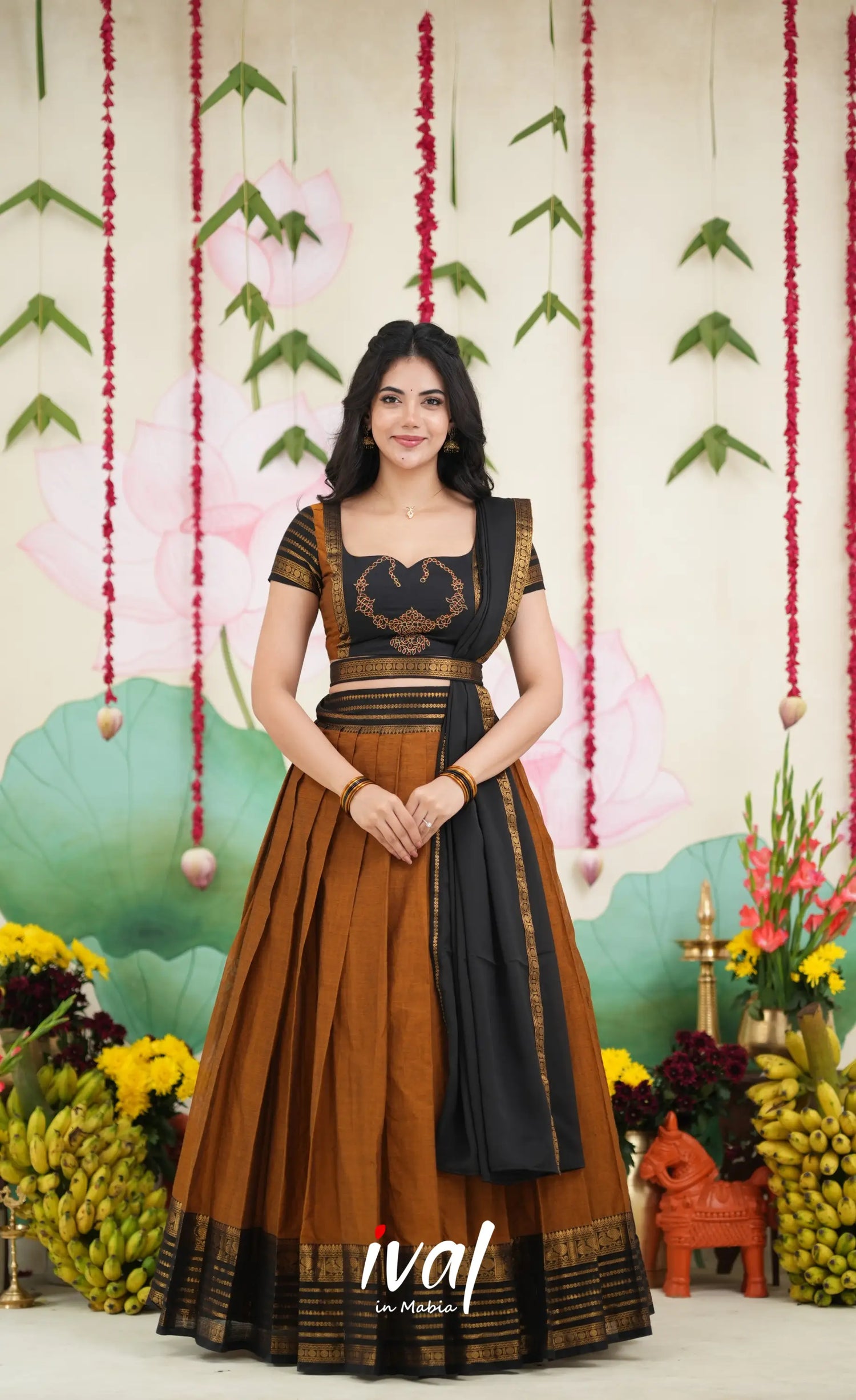 Padmaja Cotton Half Saree - Dark Mustardish Brown and Black Half Sarees