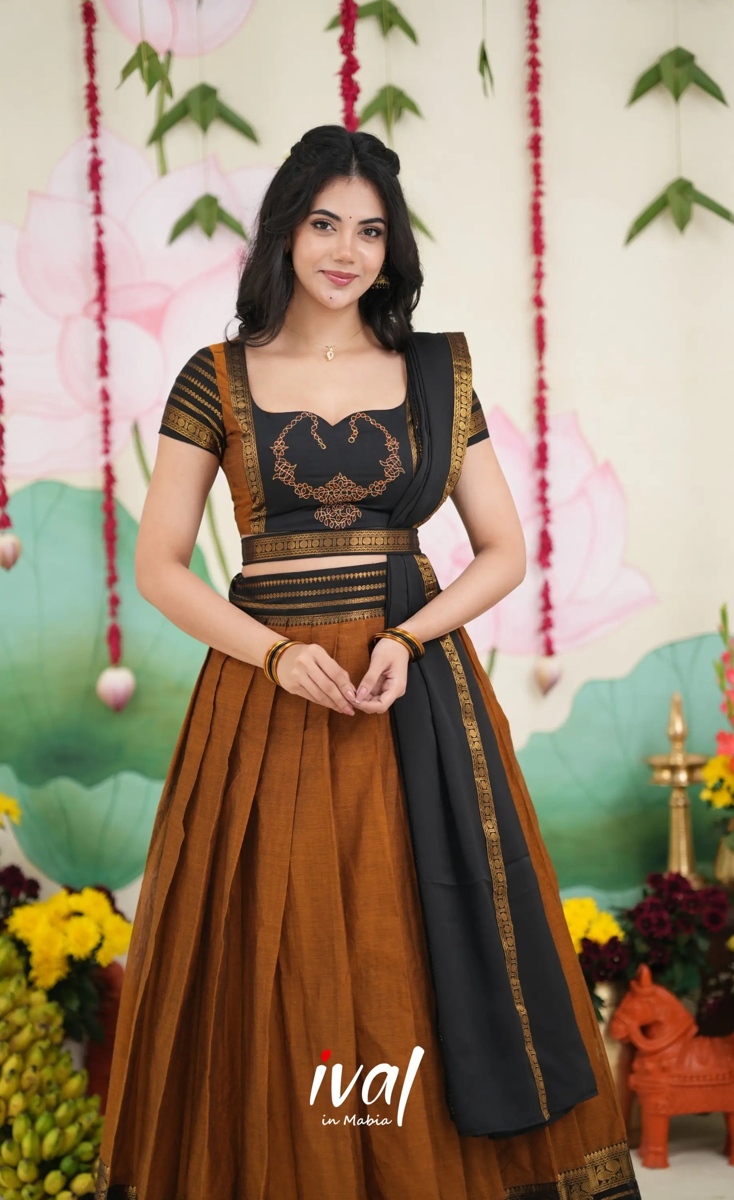 Padmaja Cotton Half Saree - Dark Mustardish Brown and Black Half Sarees