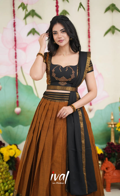 Padmaja Cotton Half Saree - Dark Mustardish Brown and Black Half Sarees