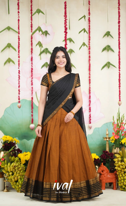 Padmaja Cotton Half Saree - Dark Mustardish Brown and Black Half Sarees