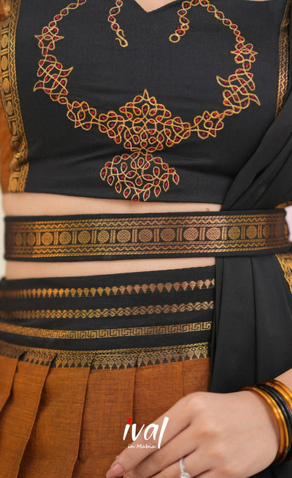 Padmaja Cotton Half Saree - Dark Mustardish Brown and Black Half Sarees