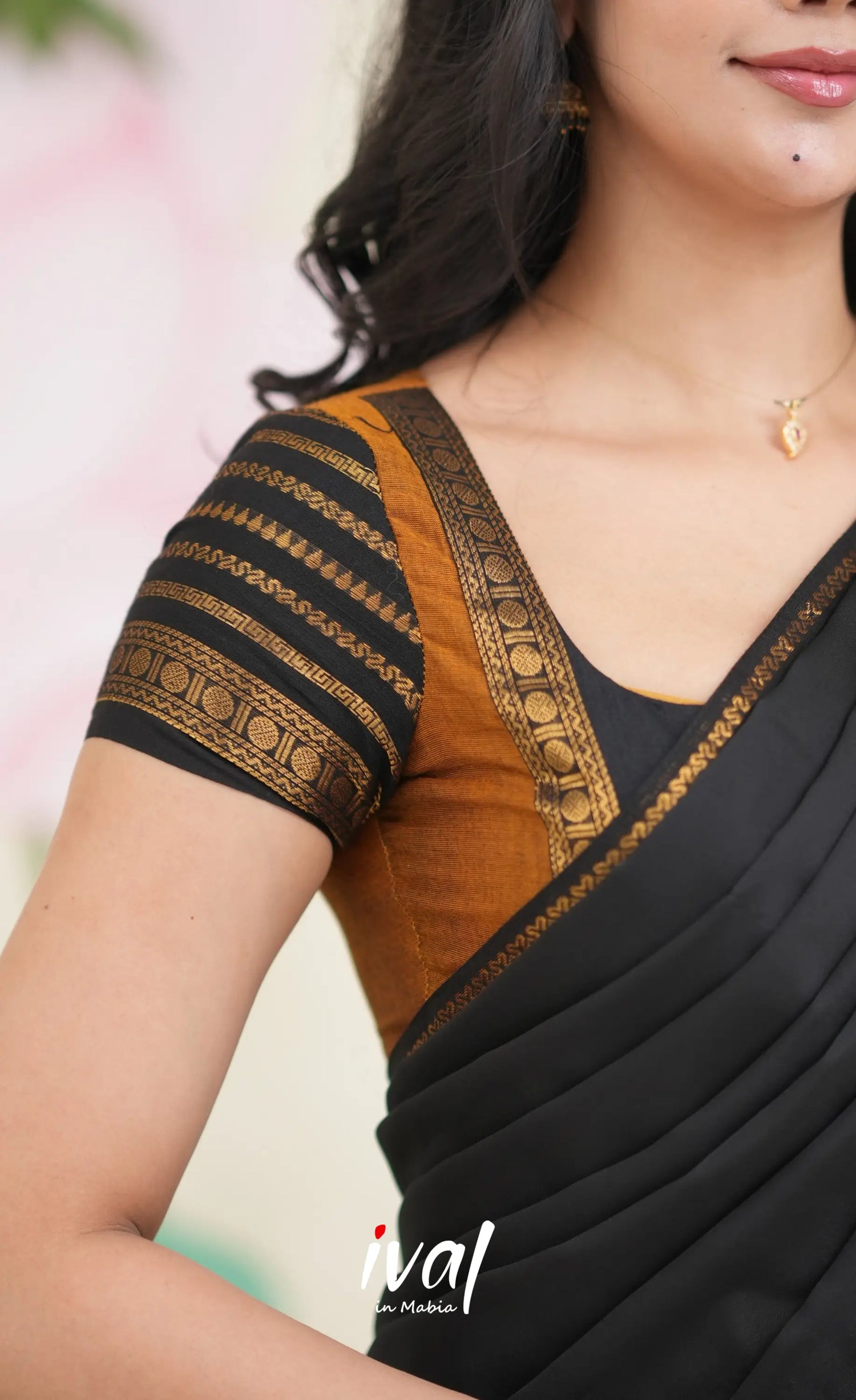 Padmaja Cotton Half Saree - Dark Mustardish Brown and Black Half Sarees