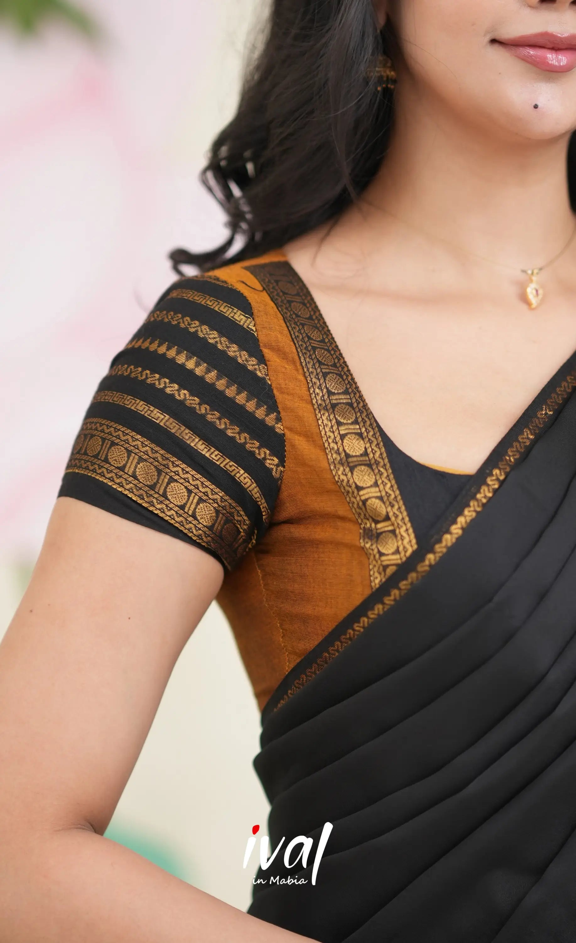 Padmaja Cotton Half Saree - Dark Mustardish Brown and Black Half Sarees