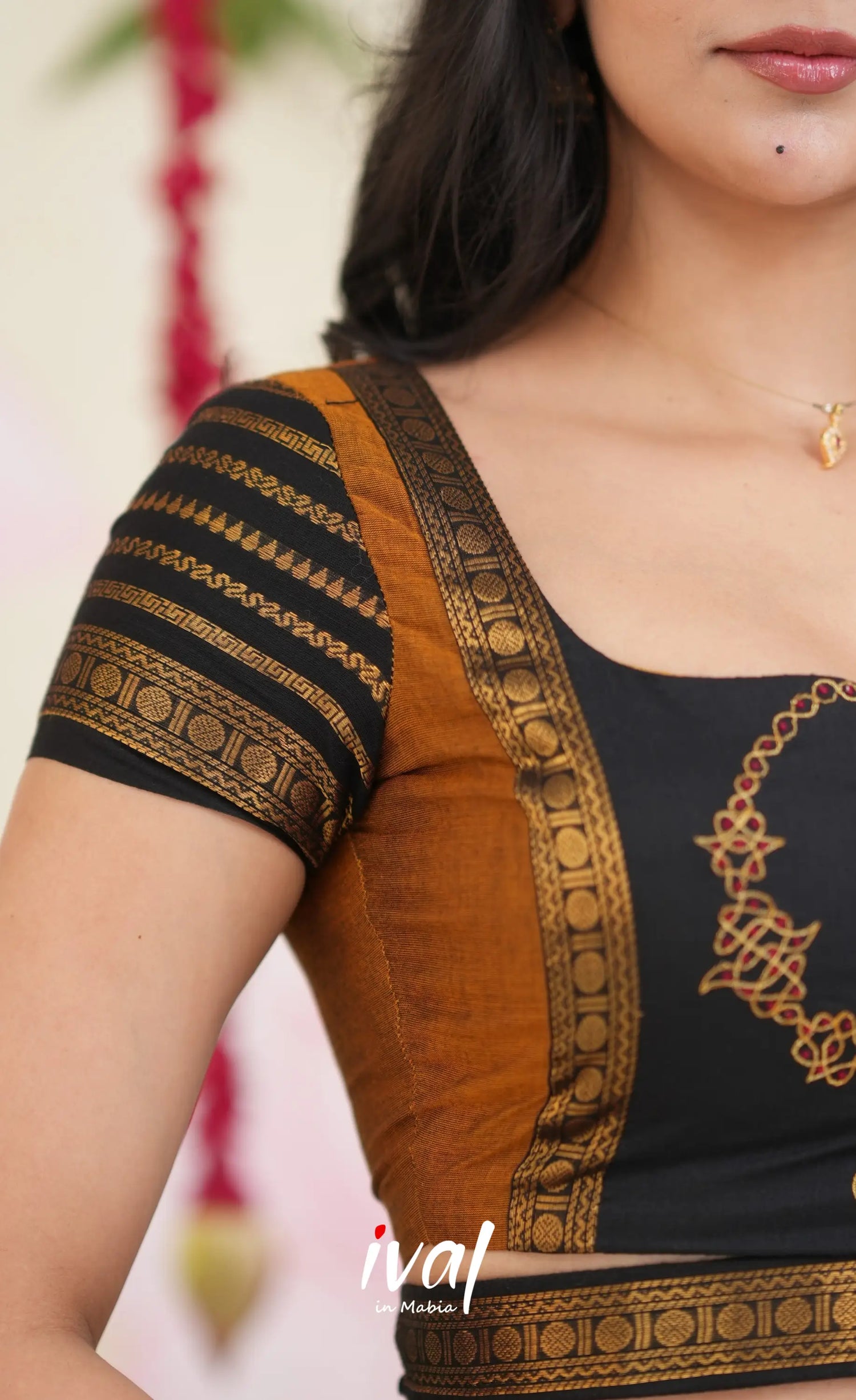 Padmaja Cotton Half Saree - Dark Mustardish Brown and Black Half Sarees