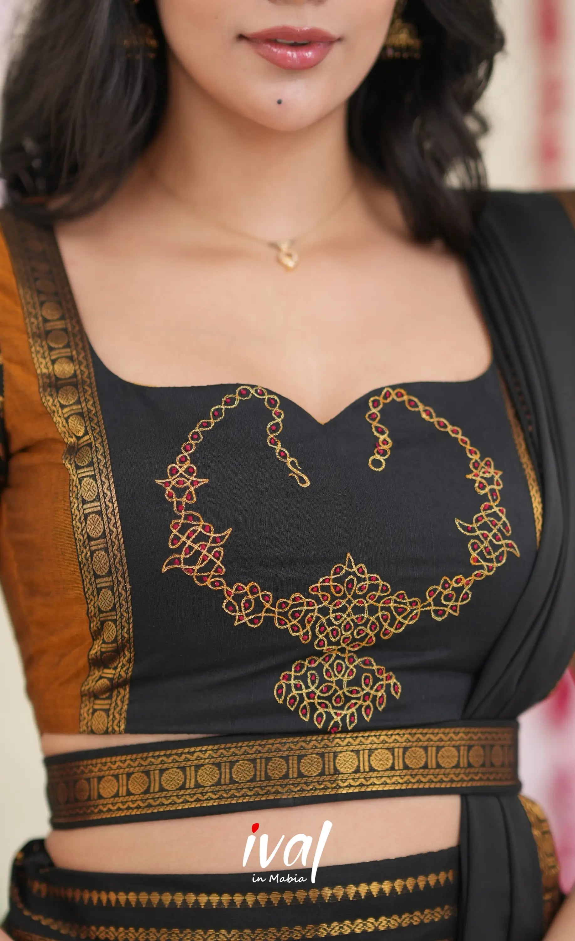 Padmaja Cotton Half Saree - Dark Mustardish Brown and Black Half Sarees