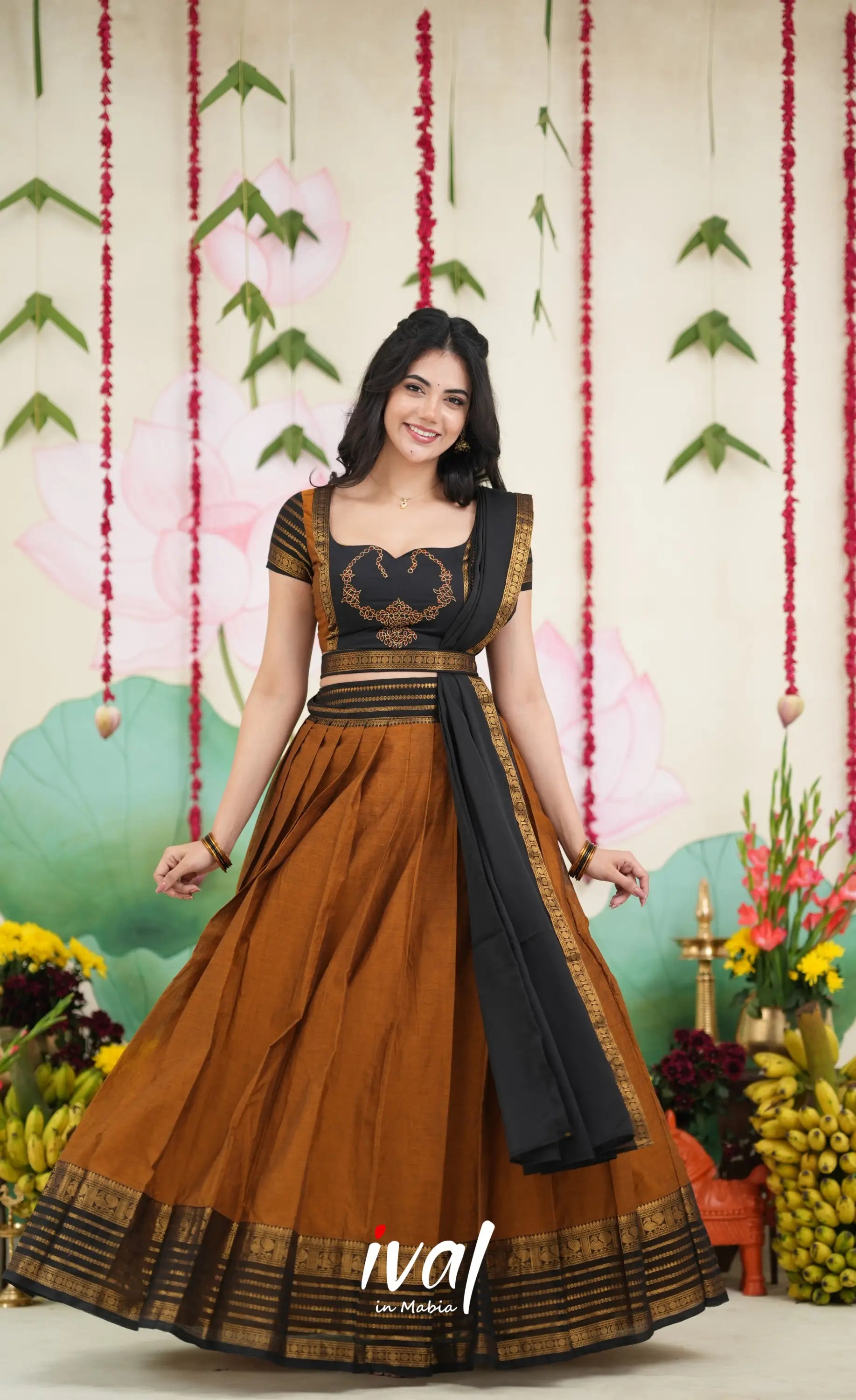 Padmaja Cotton Half Saree - Dark Mustardish Brown and Black Half Sarees