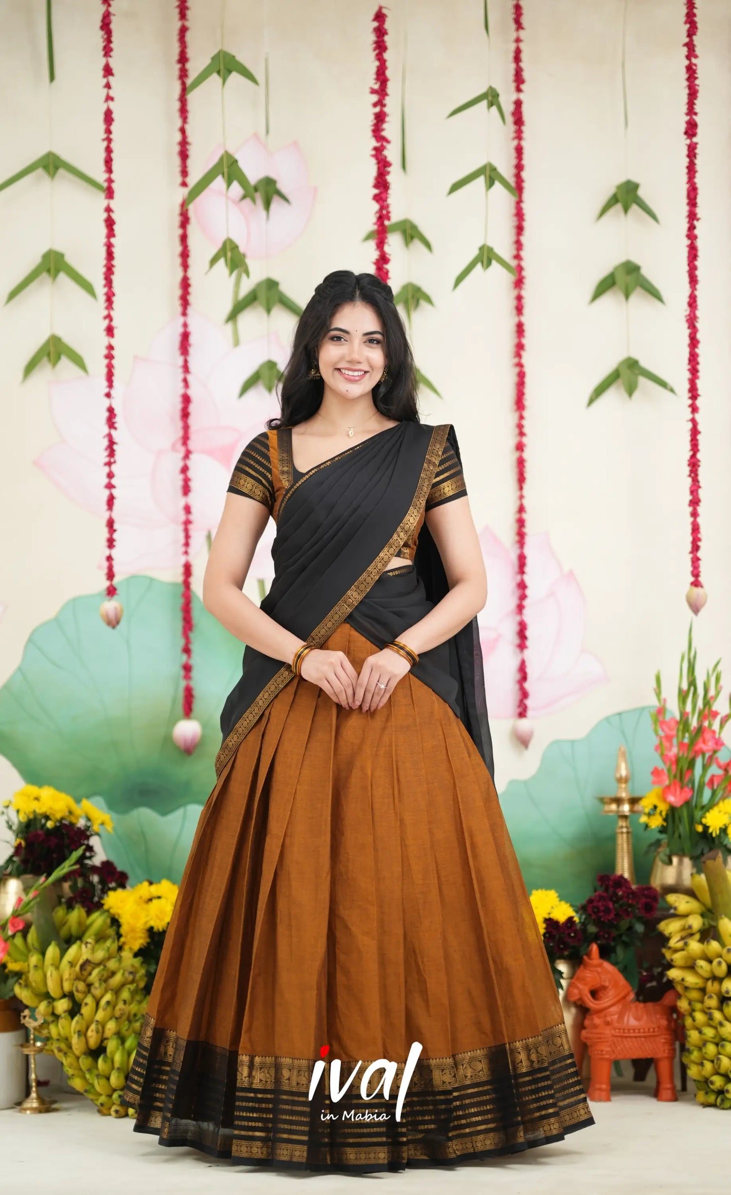 Padmaja Cotton Half Saree - Dark Mustardish Brown and Black Half Sarees