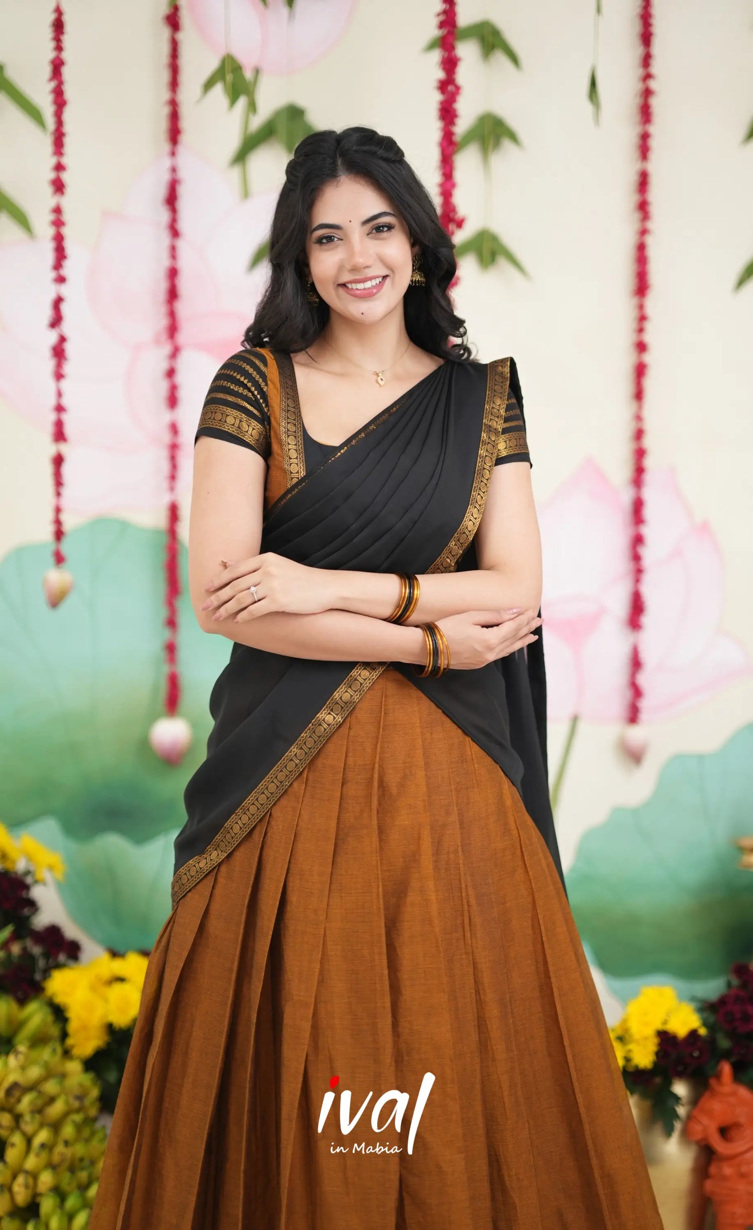 Padmaja Cotton Half Saree - Dark Mustardish Brown and Black Half Sarees