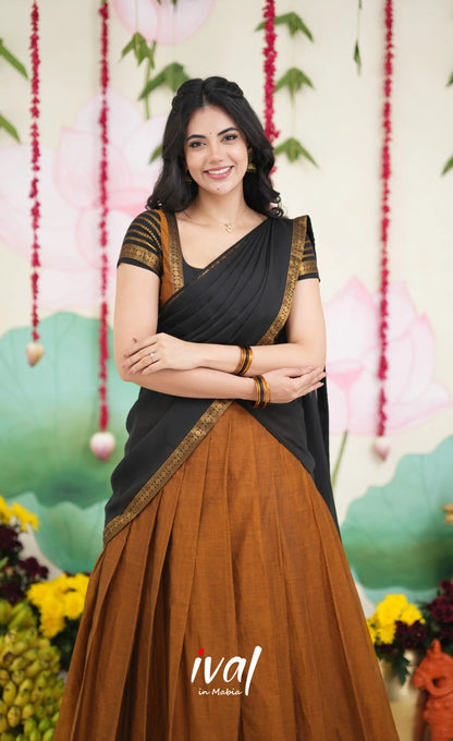 Padmaja Cotton Half Saree - Dark Mustardish Brown and Black Half Sarees