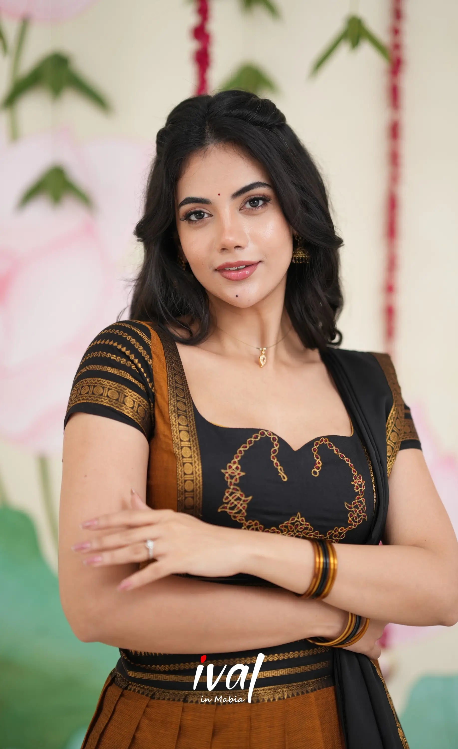 Padmaja Cotton Half Saree - Dark Mustardish Brown and Black Half Sarees