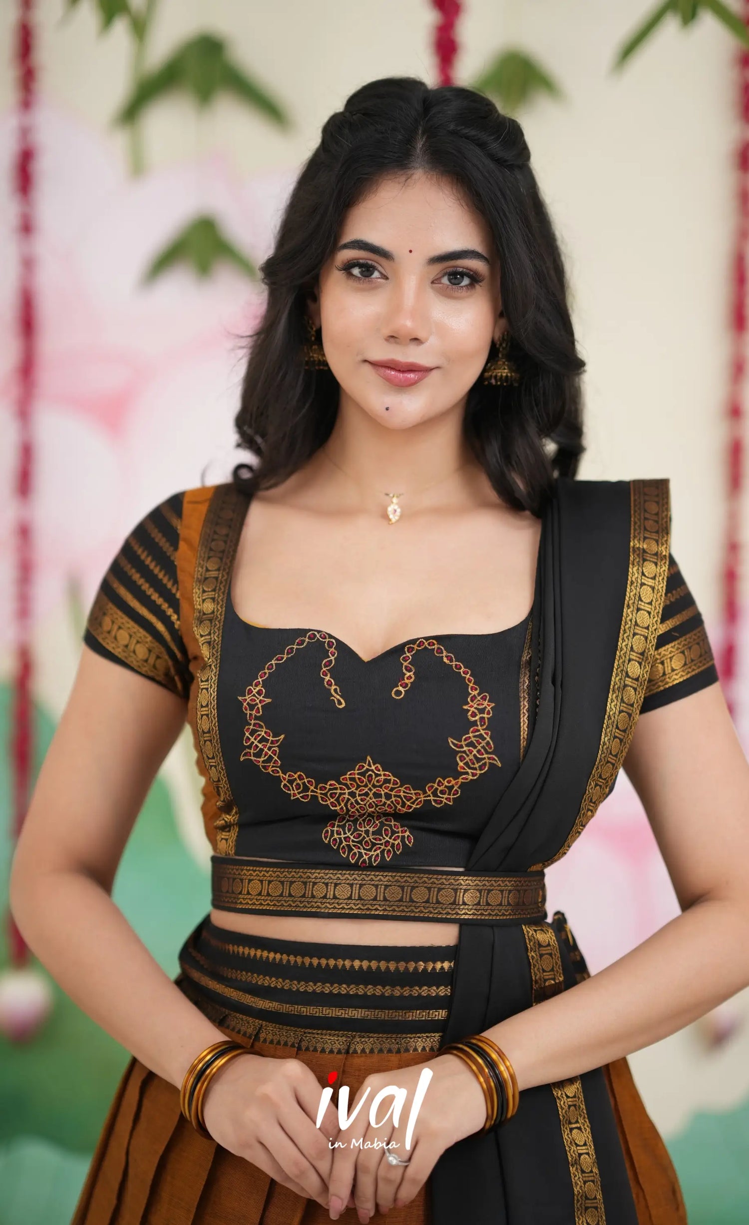 Padmaja Cotton Half Saree - Dark Mustardish Brown and Black Half Sarees