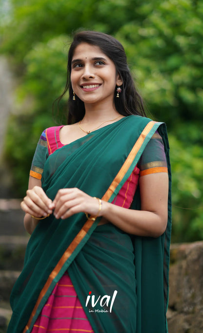 Padmaja Cotton Half Saree - Dark Pink And Bottle Green Sarees