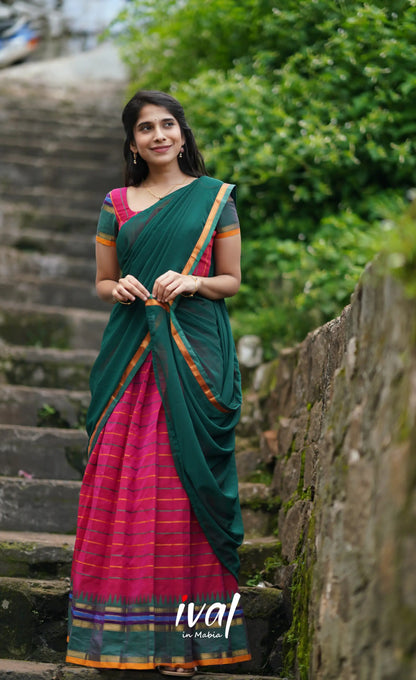 Padmaja Cotton Half Saree - Dark Pink And Bottle Green Sarees