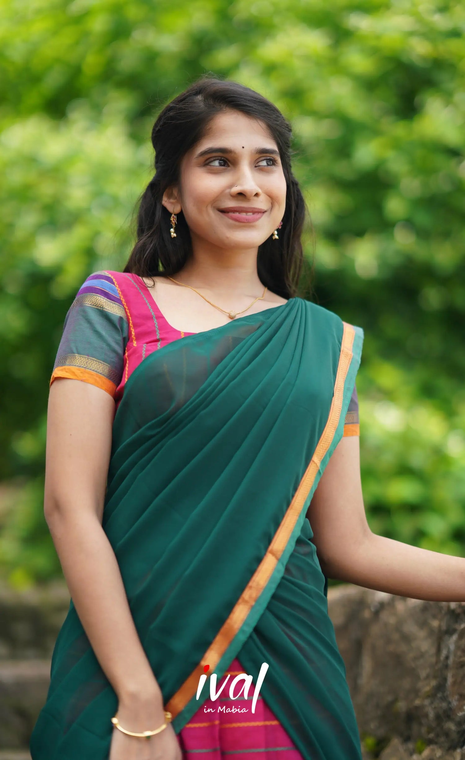 Padmaja Cotton Half Saree - Dark Pink And Bottle Green Sarees