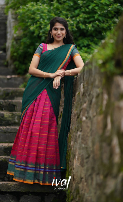 Padmaja Cotton Half Saree - Dark Pink And Bottle Green Sarees