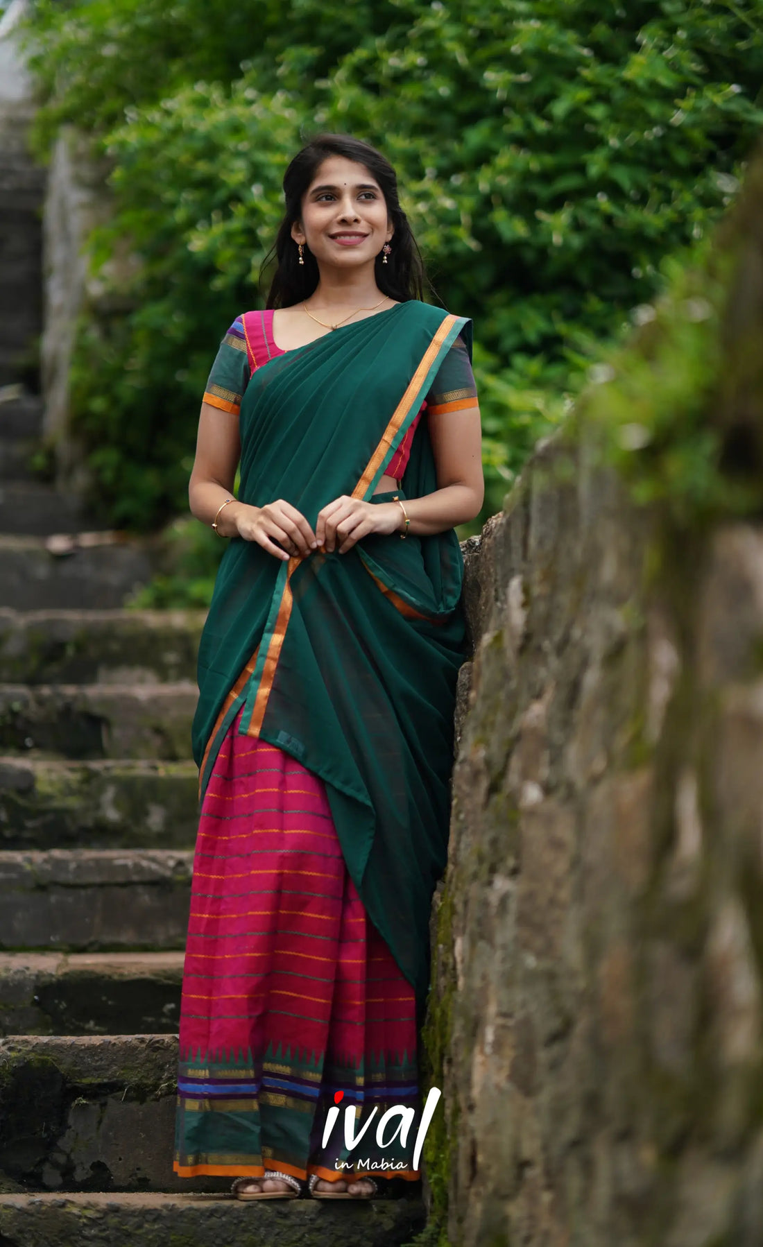 Padmaja Cotton Half Saree - Dark Pink And Bottle Green Sarees