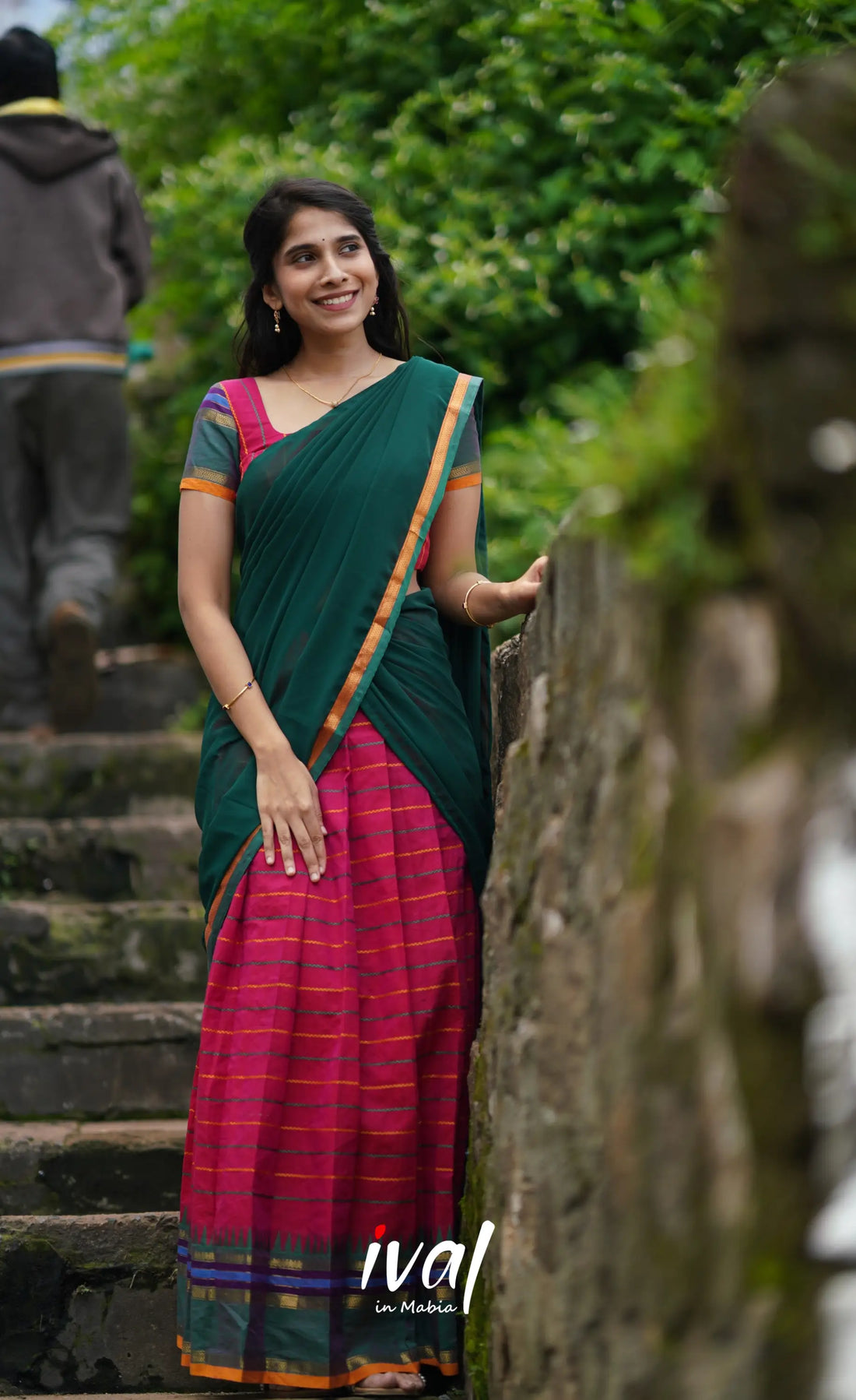 Padmaja Cotton Half Saree - Dark Pink And Bottle Green Sarees