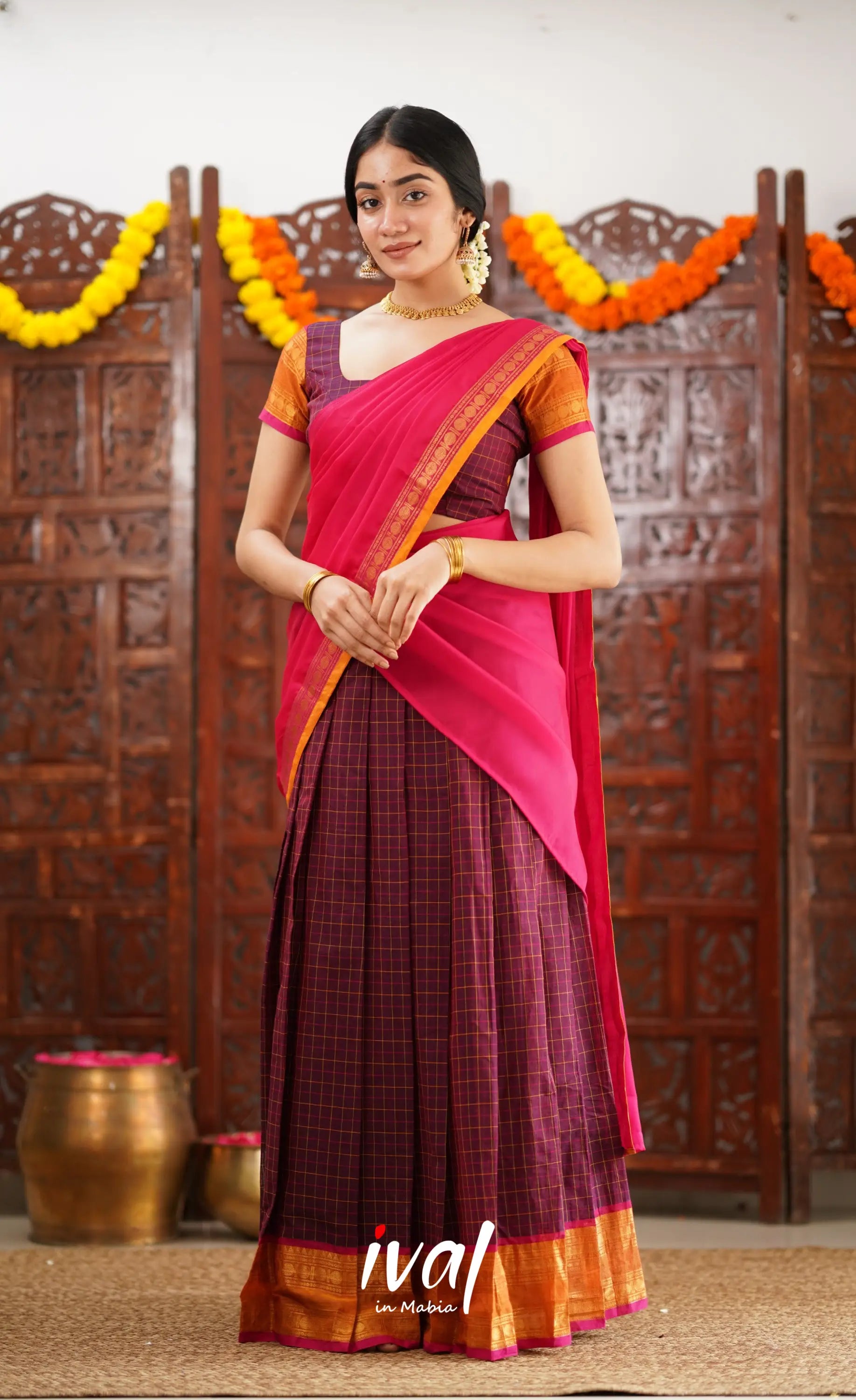 Padmaja Cotton Half Saree - Dark Plum And Pink Sarees