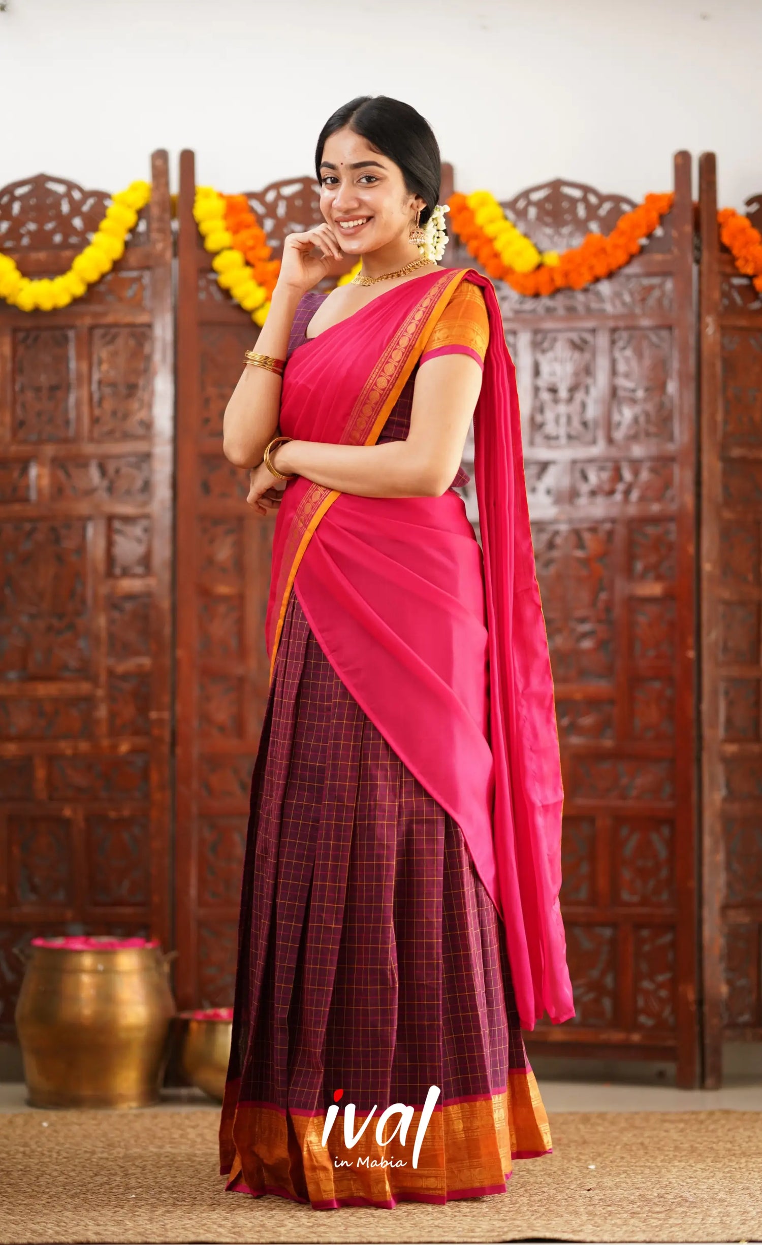 Padmaja Cotton Half Saree - Dark Plum And Pink Sarees