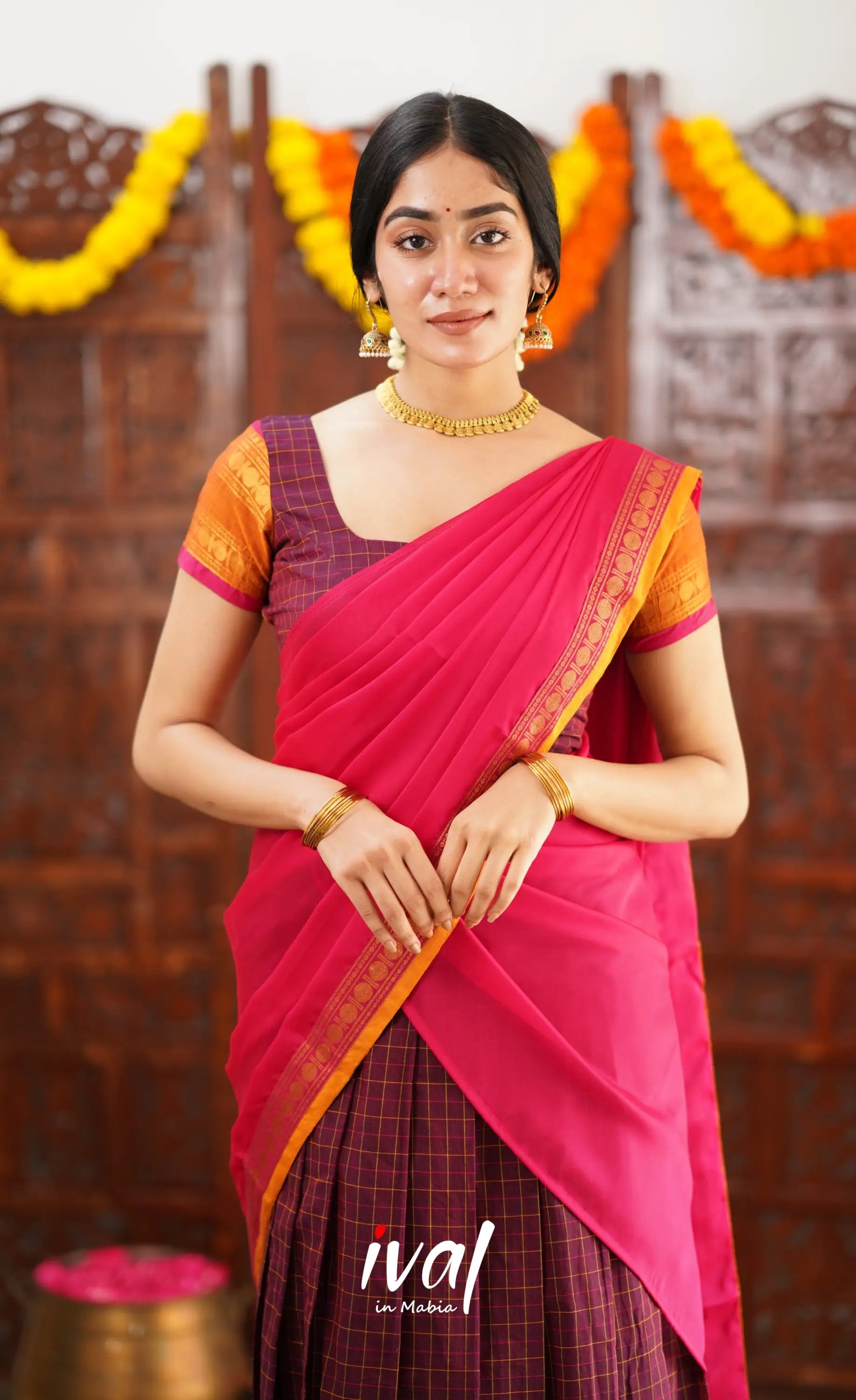 Padmaja Cotton Half Saree - Dark Plum And Pink Sarees