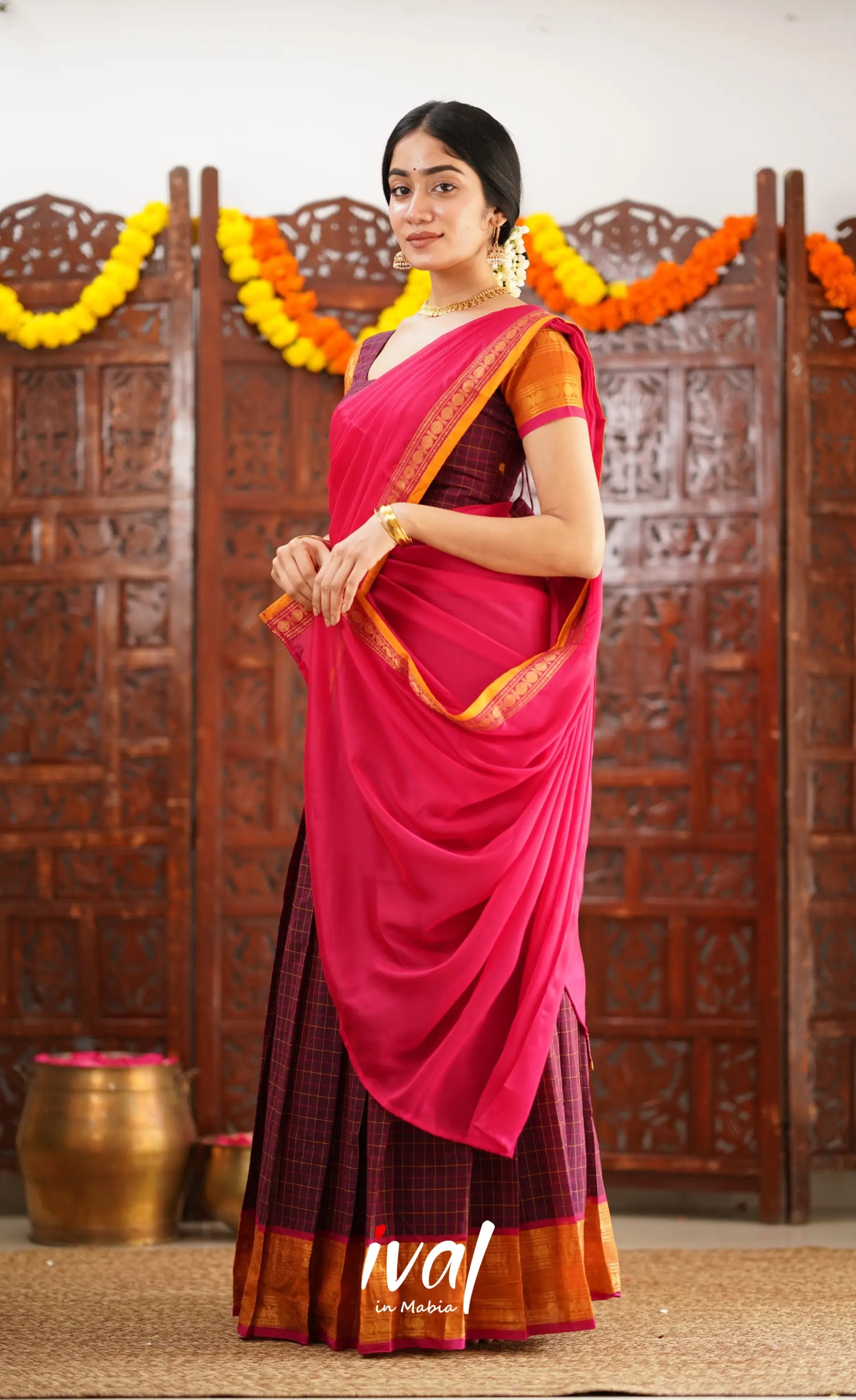 Padmaja Cotton Half Saree - Dark Plum And Pink Sarees