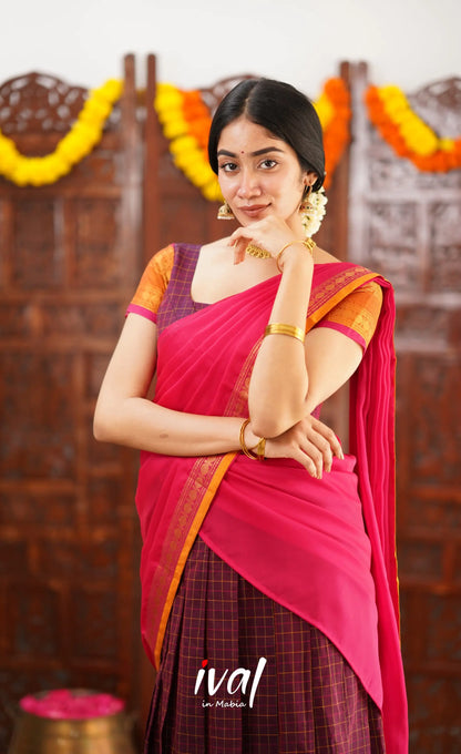 Padmaja Cotton Half Saree - Dark Plum And Pink Sarees