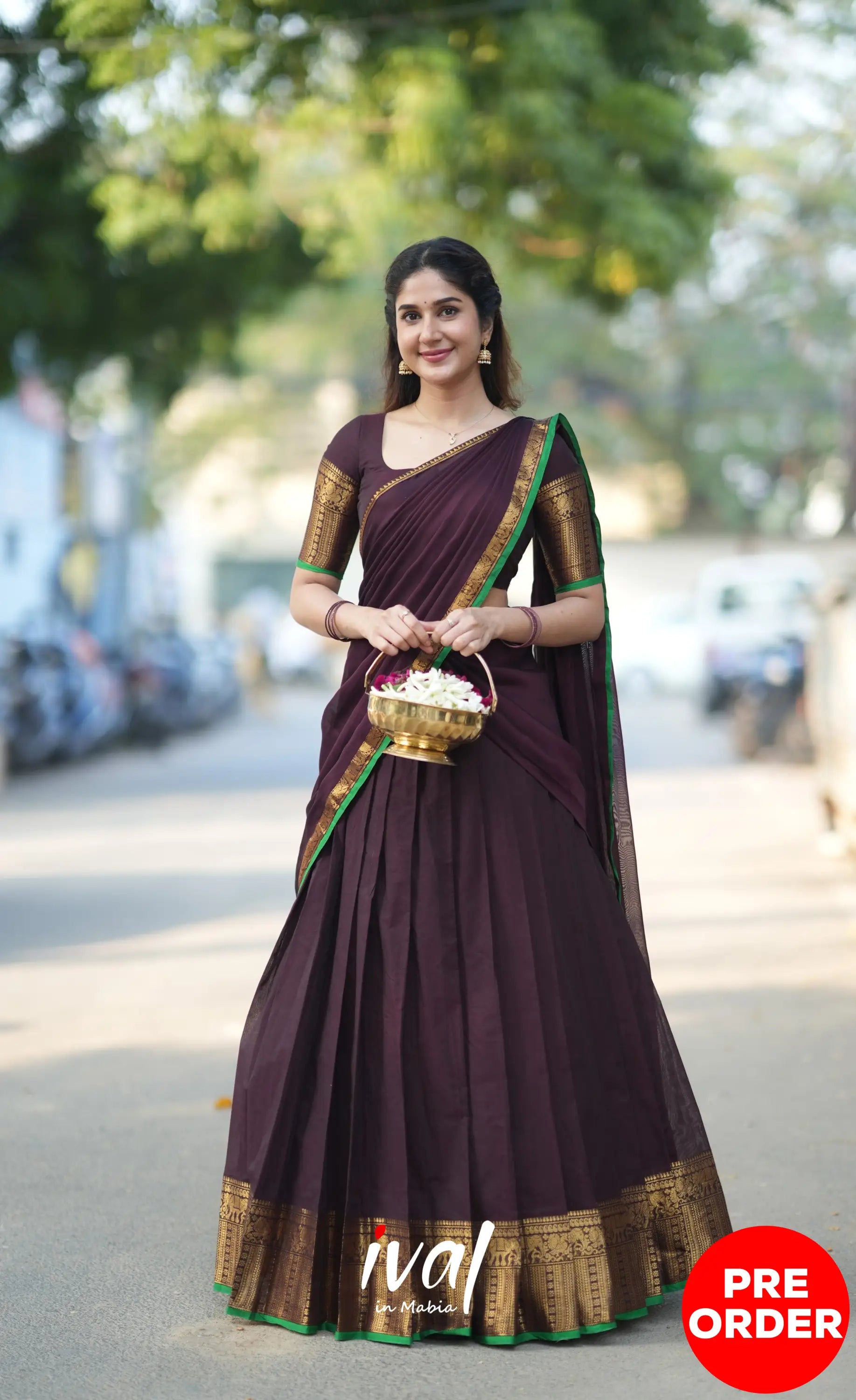 Padmaja Cotton Half Saree - Dark Plum and Leaf Green Half Sarees
