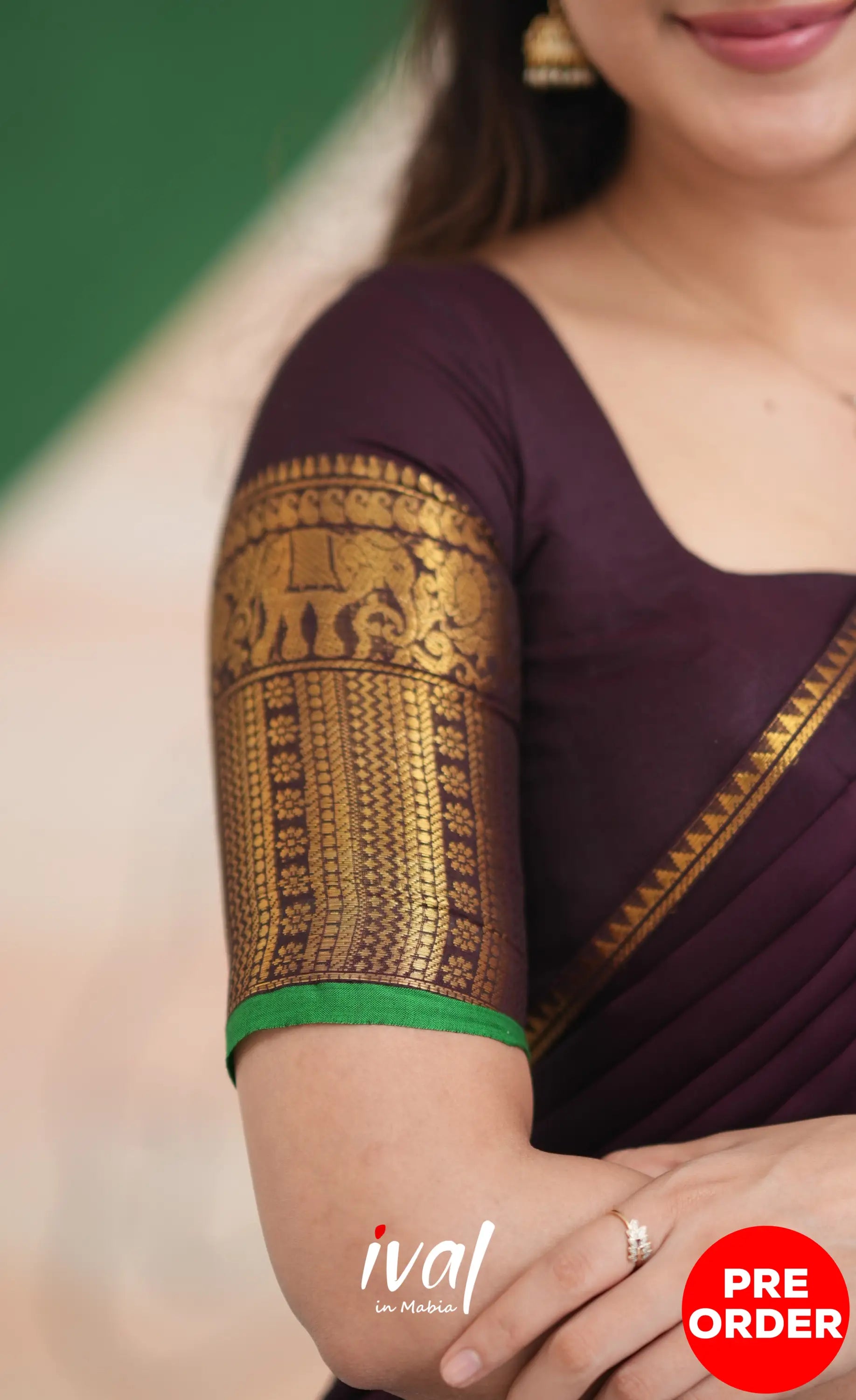 Padmaja Cotton Half Saree - Dark Plum and Leaf Green Half Sarees