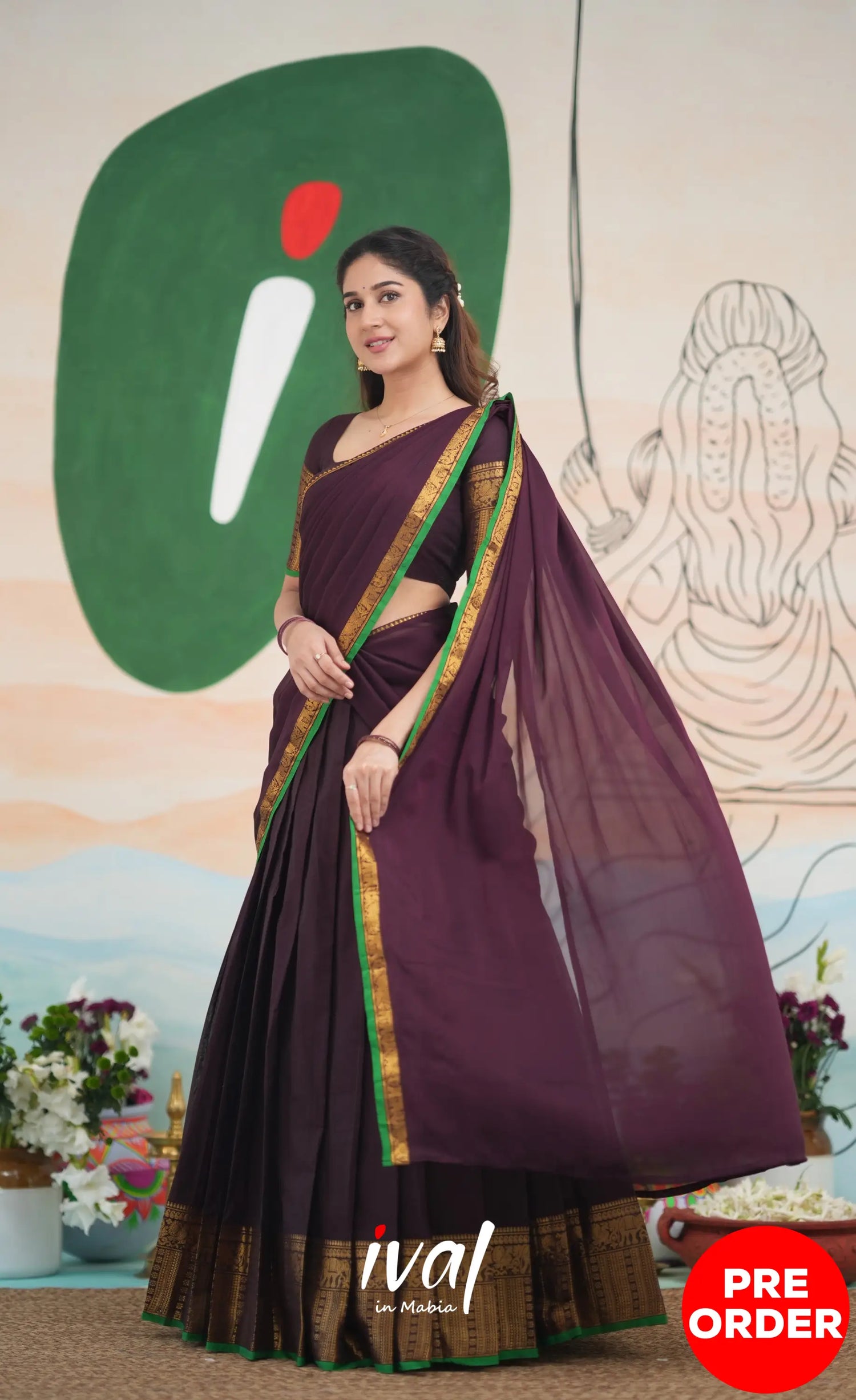 Padmaja Cotton Half Saree - Dark Plum and Leaf Green Half Sarees