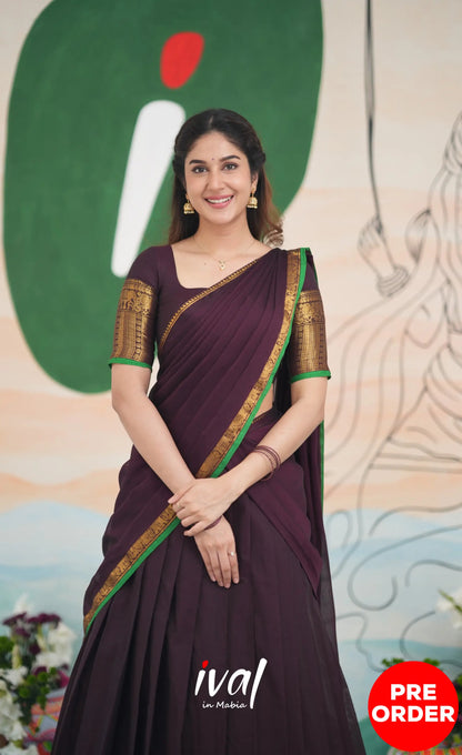 Padmaja Cotton Half Saree - Dark Plum and Leaf Green Half Sarees
