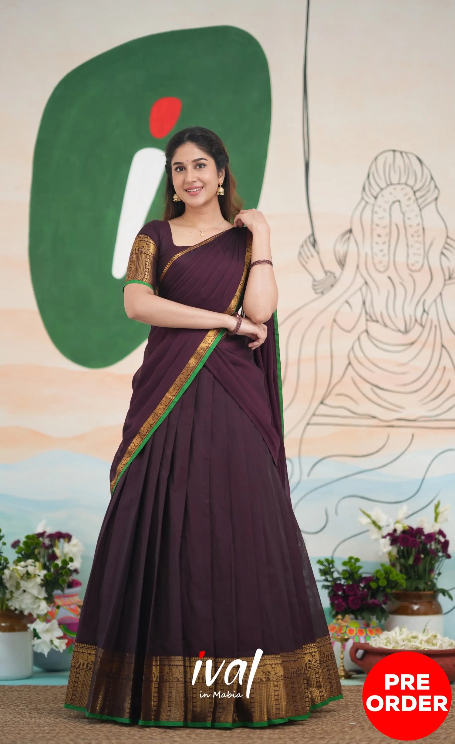 Padmaja Cotton Half Saree - Dark Plum and Leaf Green Half Sarees