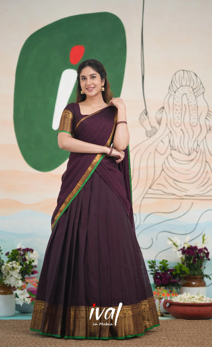 Padmaja Cotton Half Saree - Dark Plum and Leaf Green Half Sarees