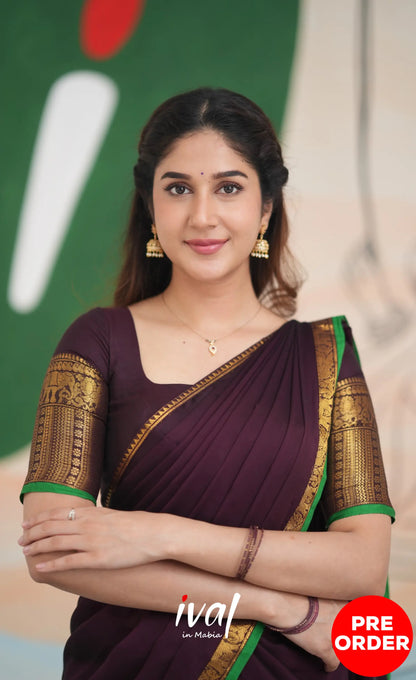 Padmaja Cotton Half Saree - Dark Plum and Leaf Green Half Sarees