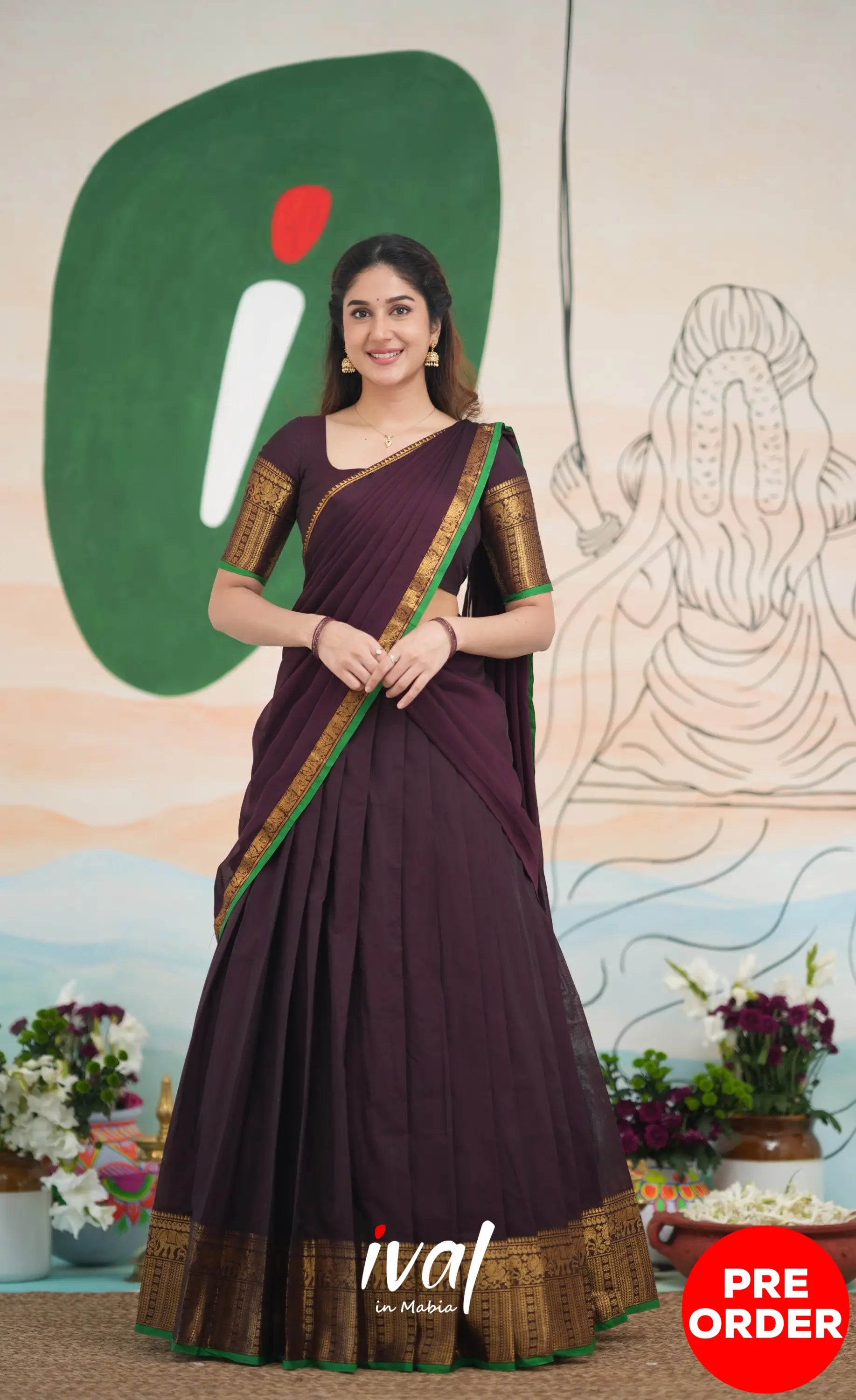 Padmaja Cotton Half Saree - Dark Plum and Leaf Green Half Sarees
