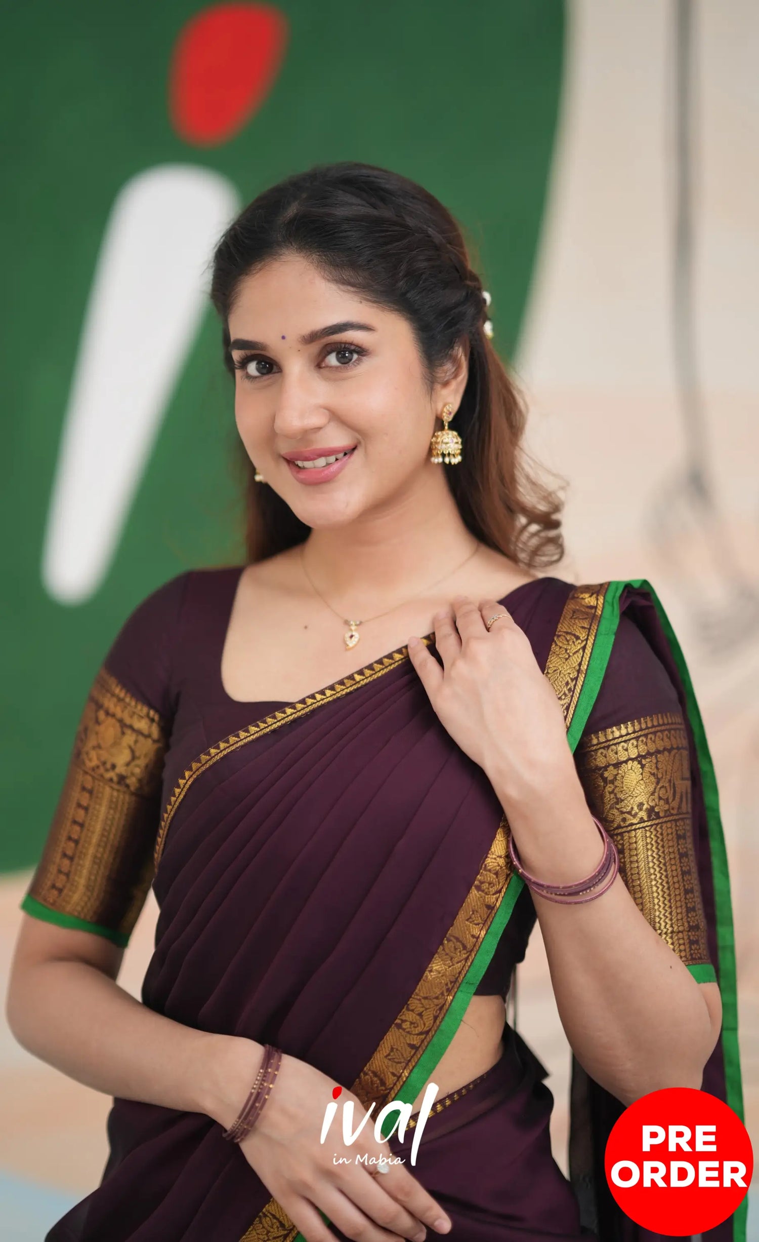 Padmaja Cotton Half Saree - Dark Plum and Leaf Green Half Sarees