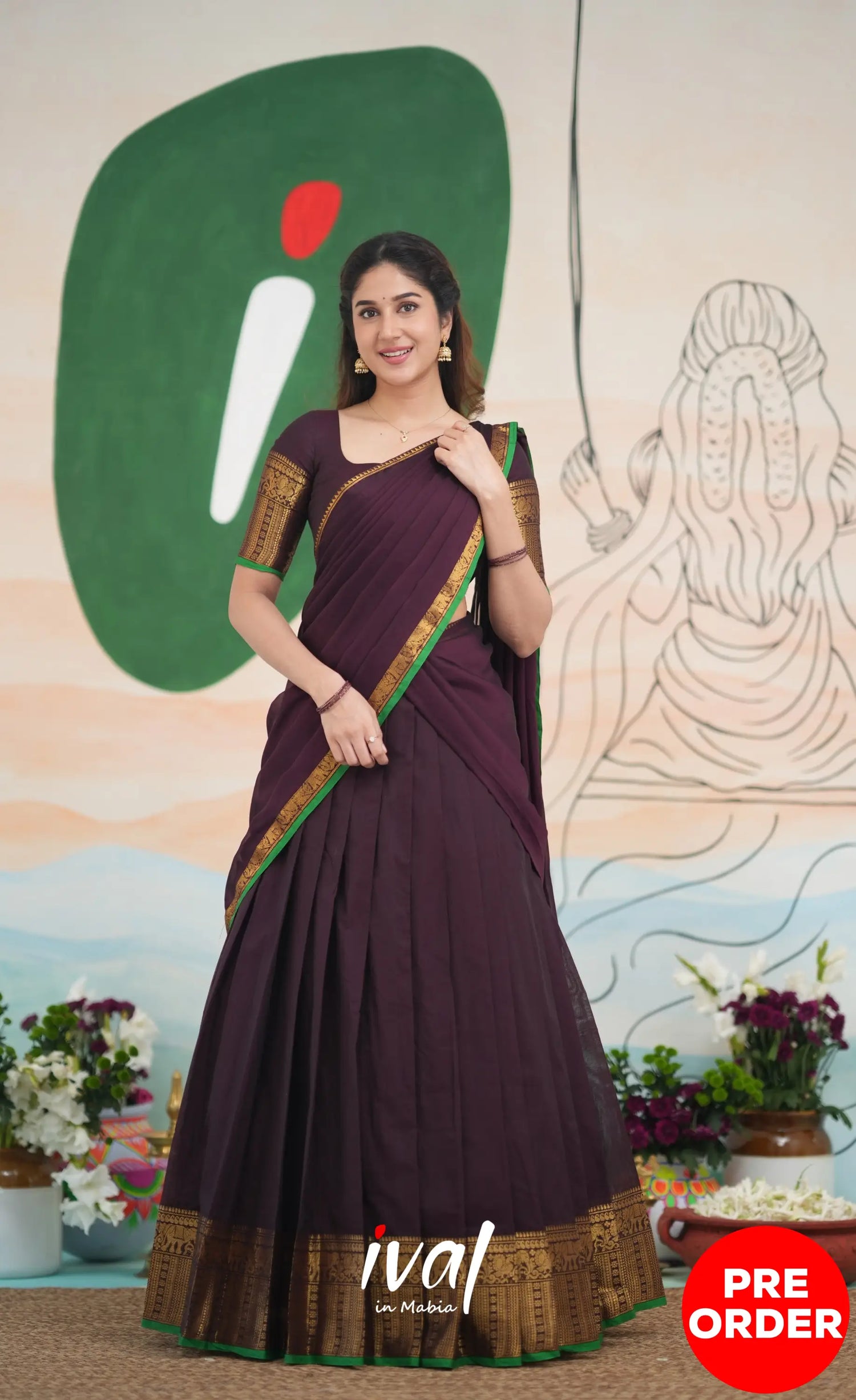 Padmaja Cotton Half Saree - Dark Plum and Leaf Green Half Sarees