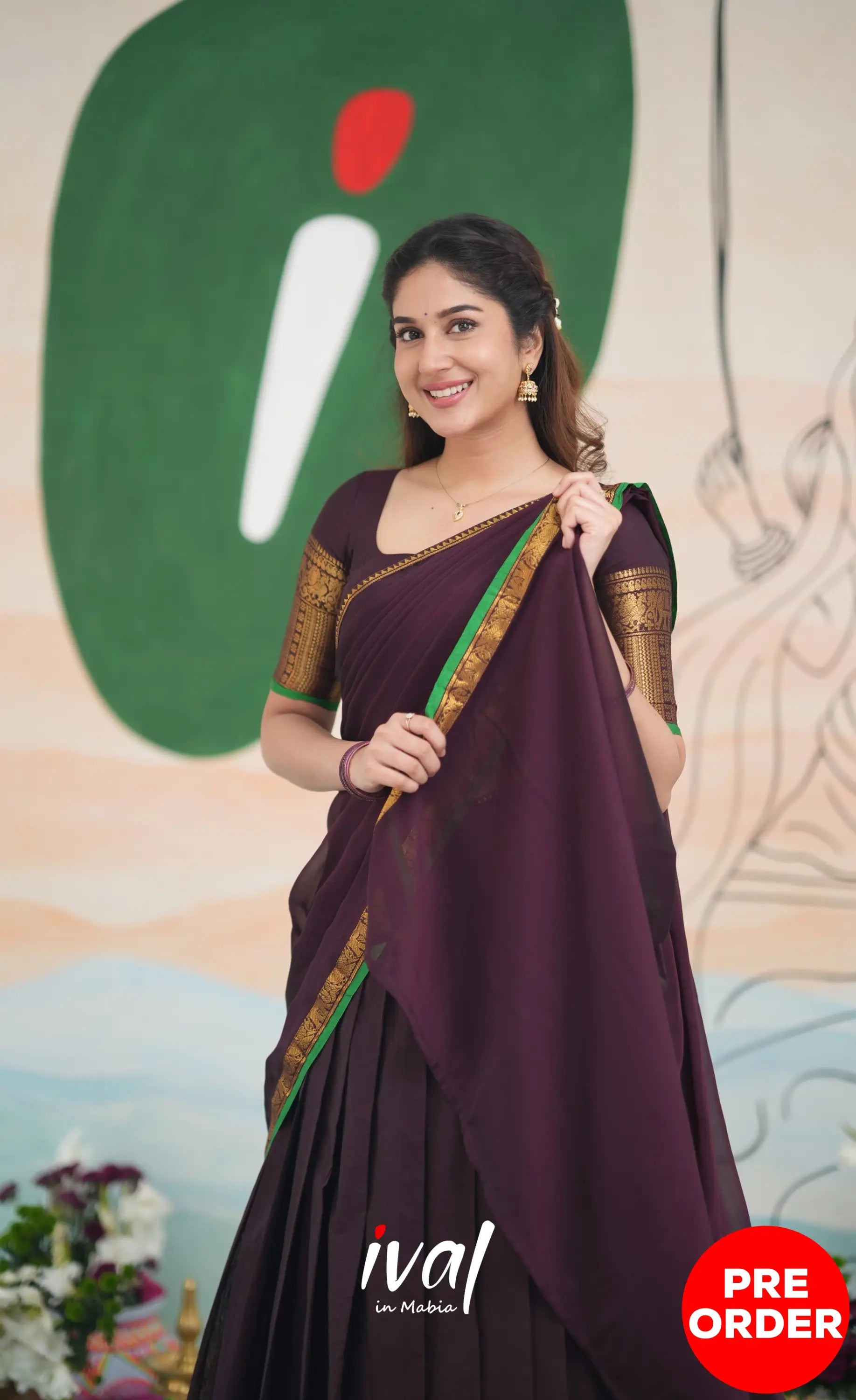 Padmaja Cotton Half Saree - Dark Plum and Leaf Green Half Sarees