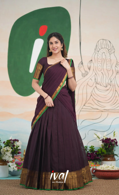 Padmaja Cotton Half Saree - Dark Plum and Leaf Green Half Sarees