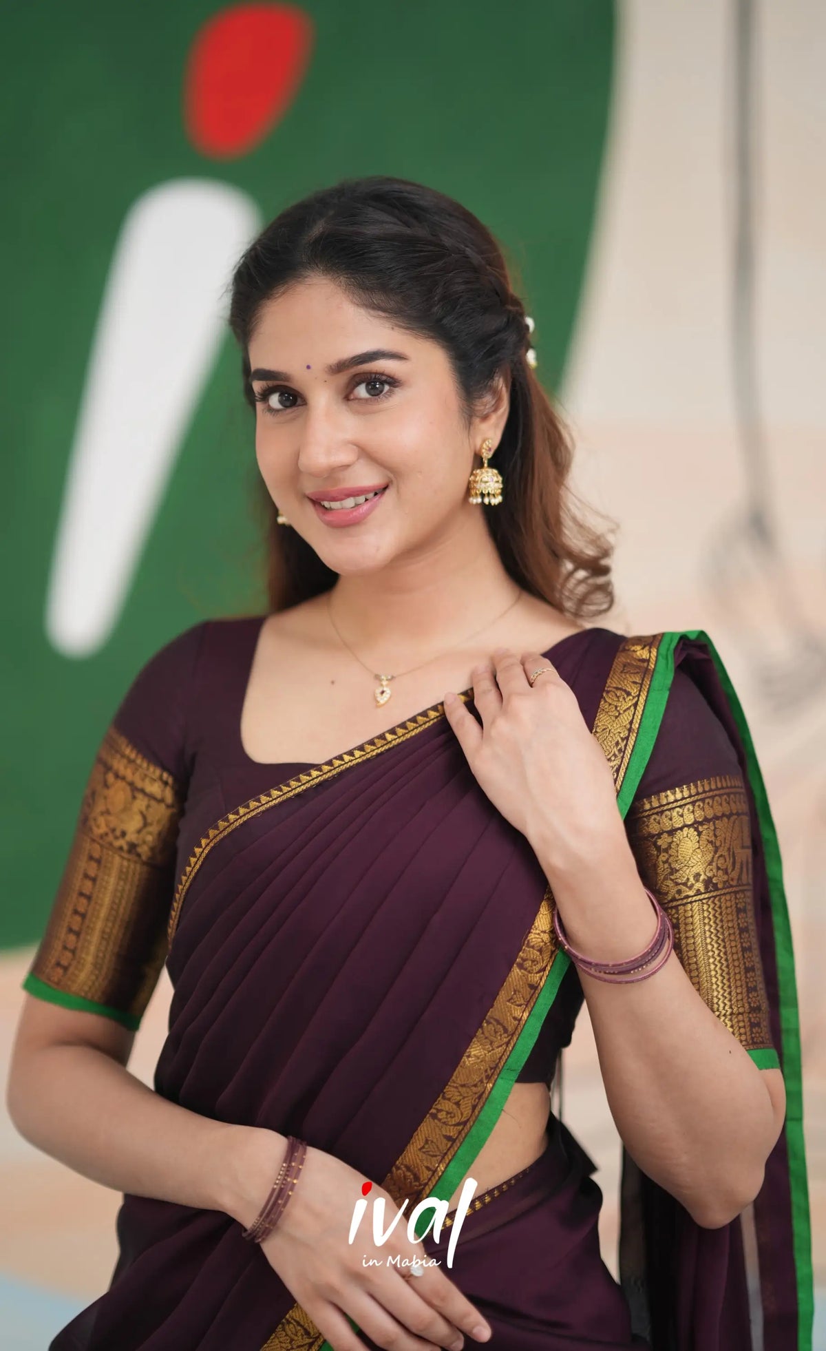 Padmaja Cotton Half Saree - Dark Plum and Leaf Green Half Sarees
