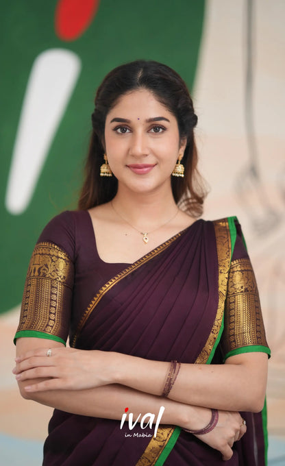 Padmaja Cotton Half Saree - Dark Plum and Leaf Green Half Sarees