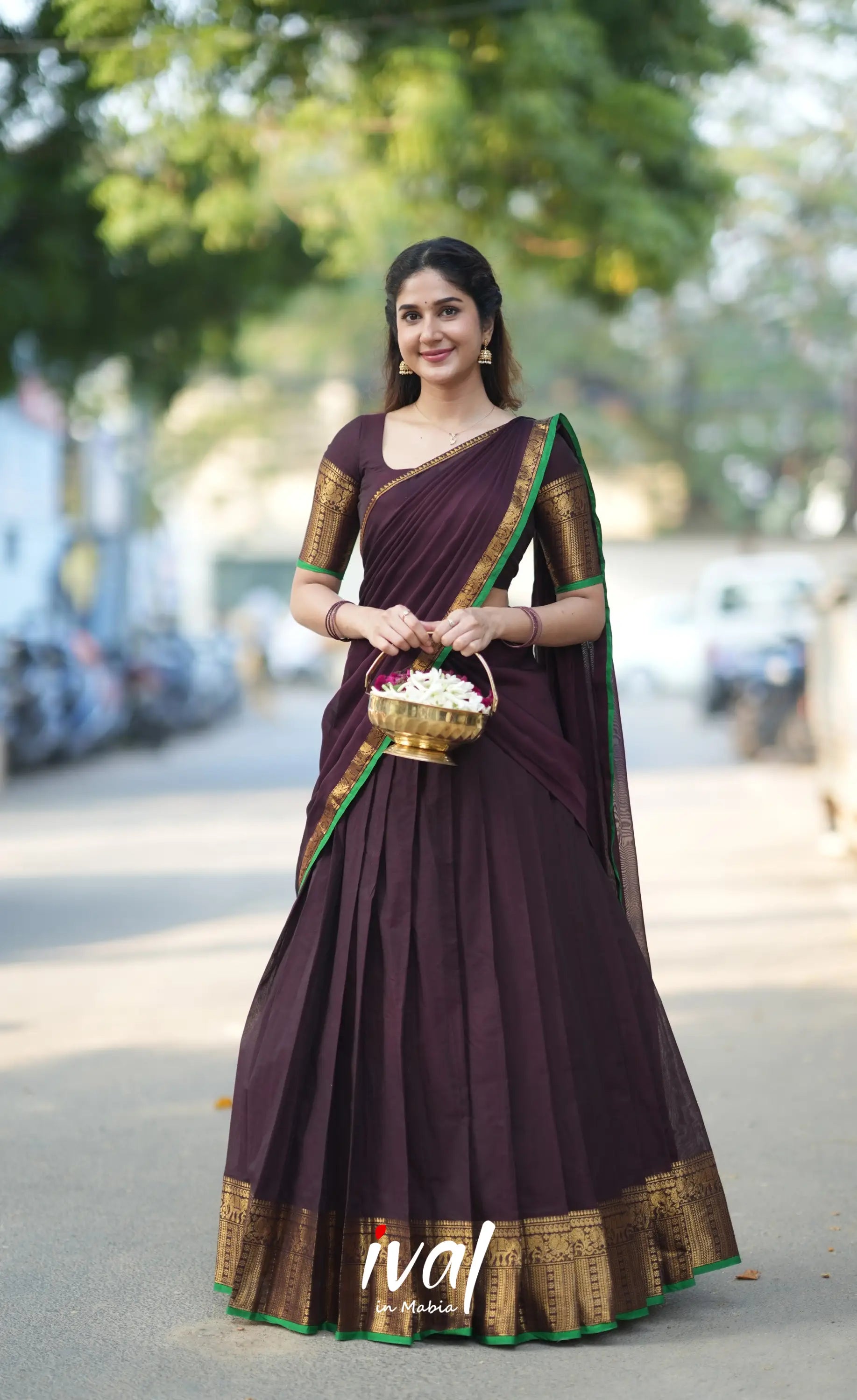 Padmaja Cotton Half Saree - Dark Plum and Leaf Green Half Sarees