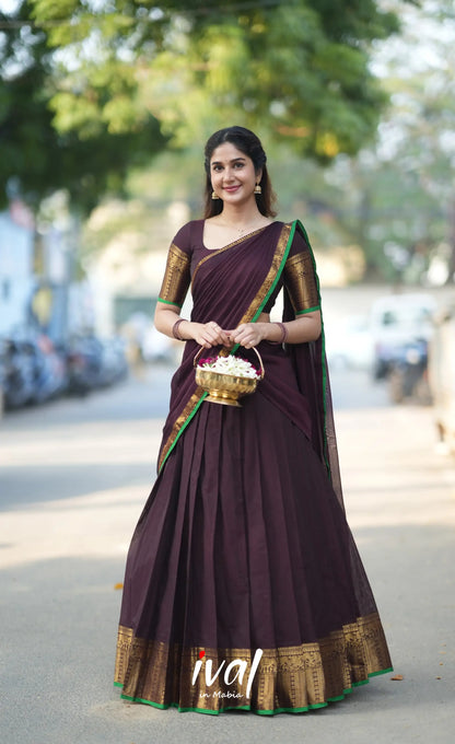 Padmaja Cotton Half Saree - Dark Plum and Leaf Green Half Sarees