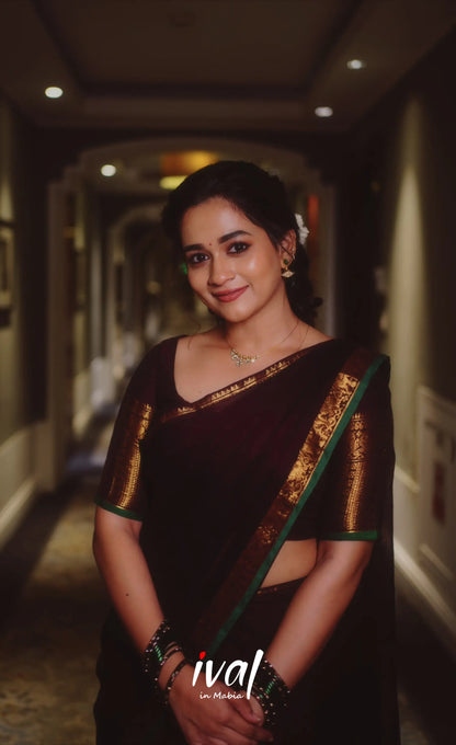 Padmaja Cotton Half Saree - Dark Wine and Leaf Green - Half Sarees