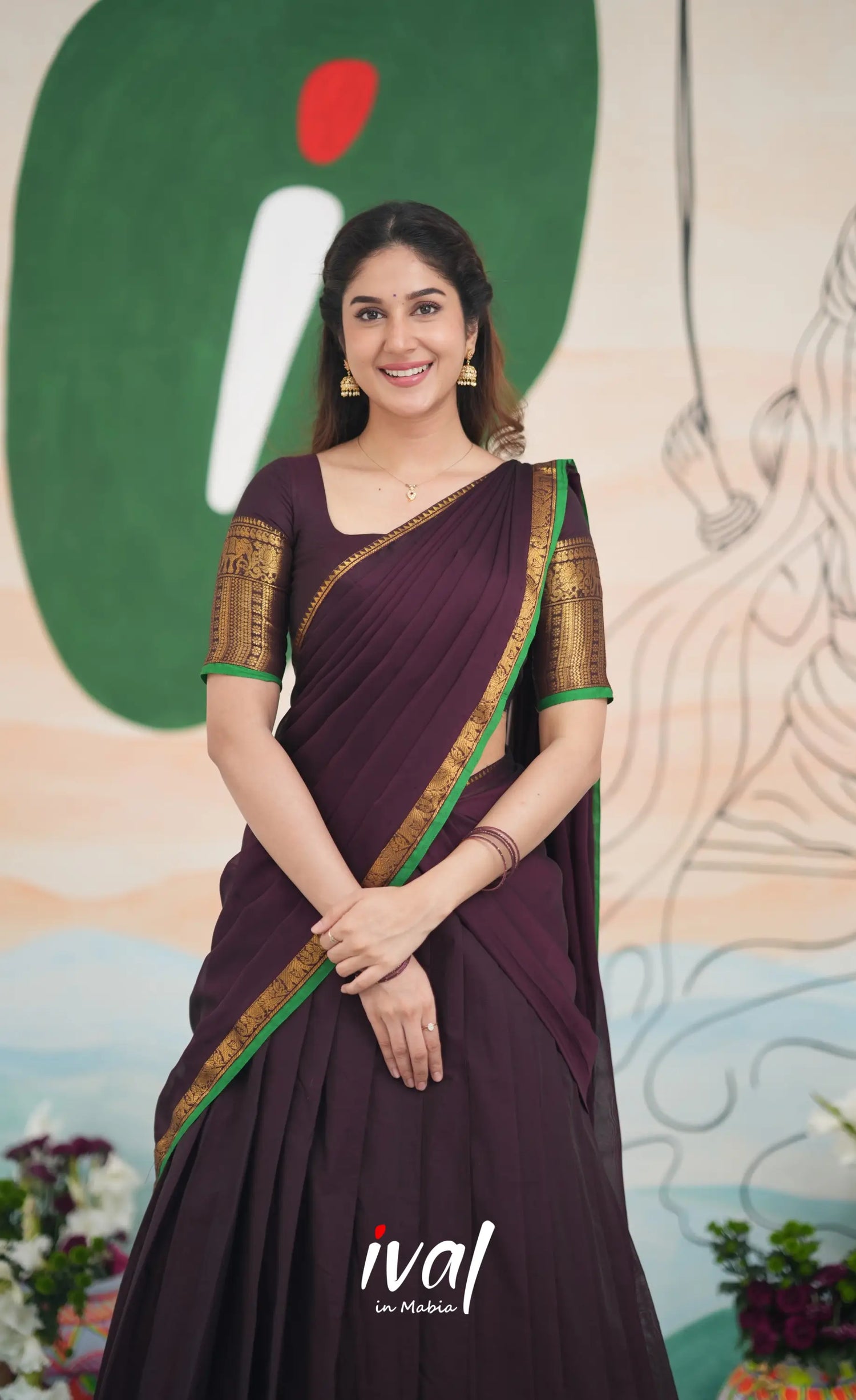 Padmaja Cotton Half Saree - Dark Plum and Leaf Green Half Sarees